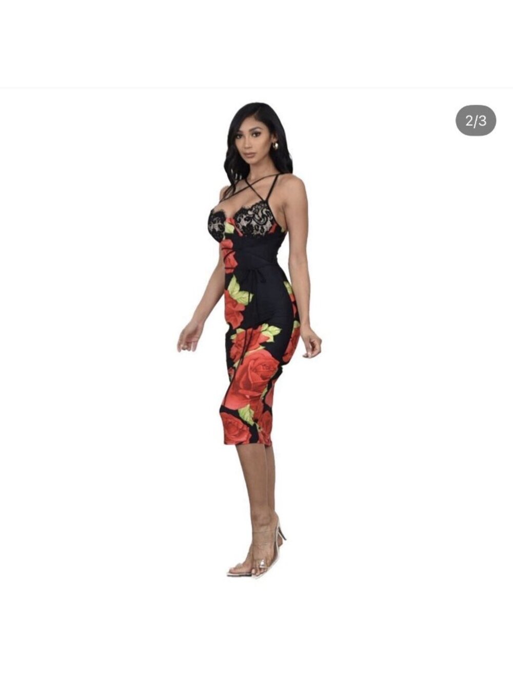 CAMEO Black Red Rose Floral Lace Bodycon Midi Dress Women’s Small S Strappy